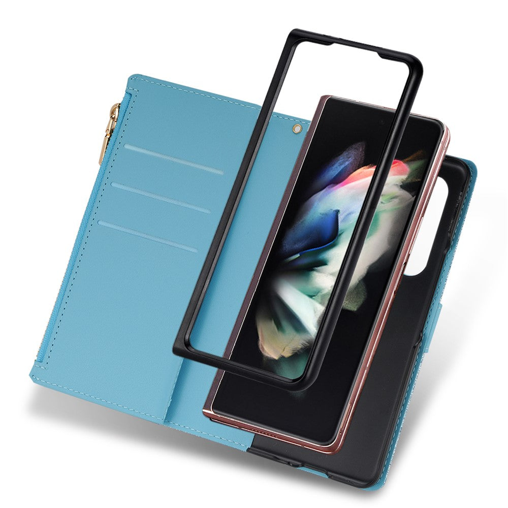 Zipper Wallet Shell for Samsung Galaxy Z Fold5 5G Leather Stand Case Laser Carving Glittery Phone Cover with Strap