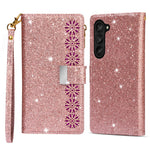 Zipper Wallet Shell for Samsung Galaxy Z Fold5 5G Leather Stand Case Laser Carving Glittery Phone Cover with Strap