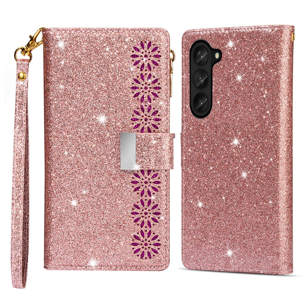Zipper Wallet Shell for Samsung Galaxy Z Fold5 5G Leather Stand Case Laser Carving Glittery Phone Cover with Strap