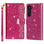 Zipper Wallet Shell for Samsung Galaxy Z Fold5 5G Leather Stand Case Laser Carving Glittery Phone Cover with Strap