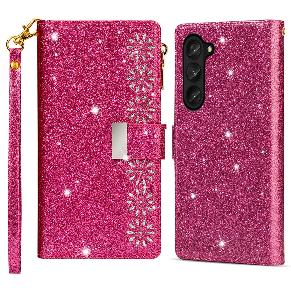 Zipper Wallet Shell for Samsung Galaxy Z Fold5 5G Leather Stand Case Laser Carving Glittery Phone Cover with Strap