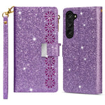 Zipper Wallet Shell for Samsung Galaxy Z Fold5 5G Leather Stand Case Laser Carving Glittery Phone Cover with Strap