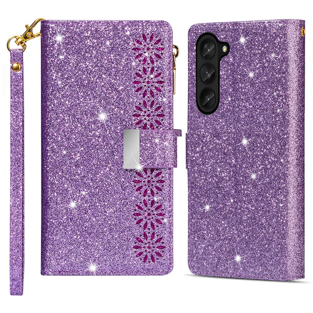 Zipper Wallet Shell for Samsung Galaxy Z Fold5 5G Leather Stand Case Laser Carving Glittery Phone Cover with Strap