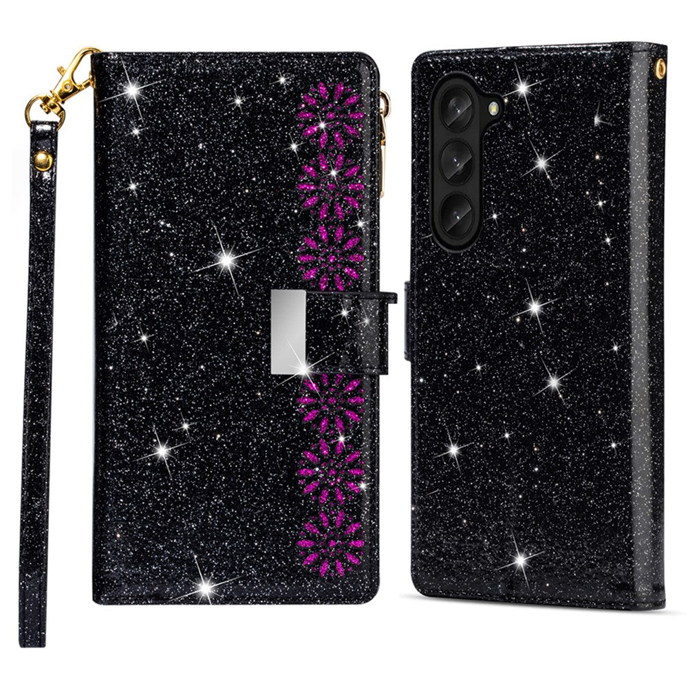 Zipper Wallet Shell for Samsung Galaxy Z Fold5 5G Leather Stand Case Laser Carving Glittery Phone Cover with Strap