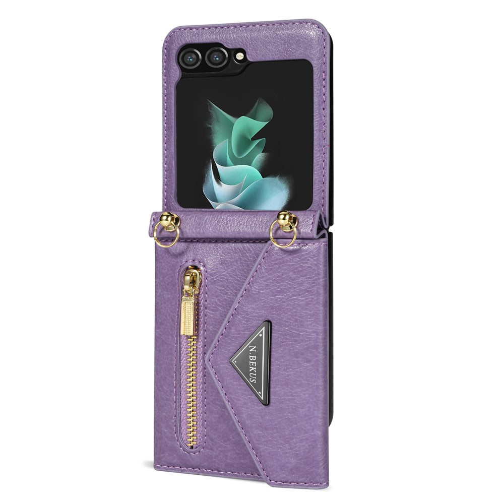 N.BEKUS For Samsung Galaxy Z Flip5 5G Phone Case PU Leather Coated PC Zipper Pocket Card Slots Cover with Shoulder Strap