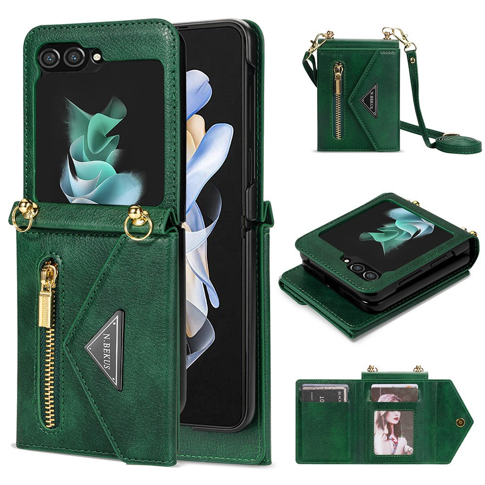 N.BEKUS For Samsung Galaxy Z Flip5 5G Phone Case PU Leather Coated PC Zipper Pocket Card Slots Cover with Shoulder Strap
