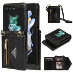 N.BEKUS For Samsung Galaxy Z Flip5 5G Phone Case PU Leather Coated PC Zipper Pocket Card Slots Cover with Shoulder Strap