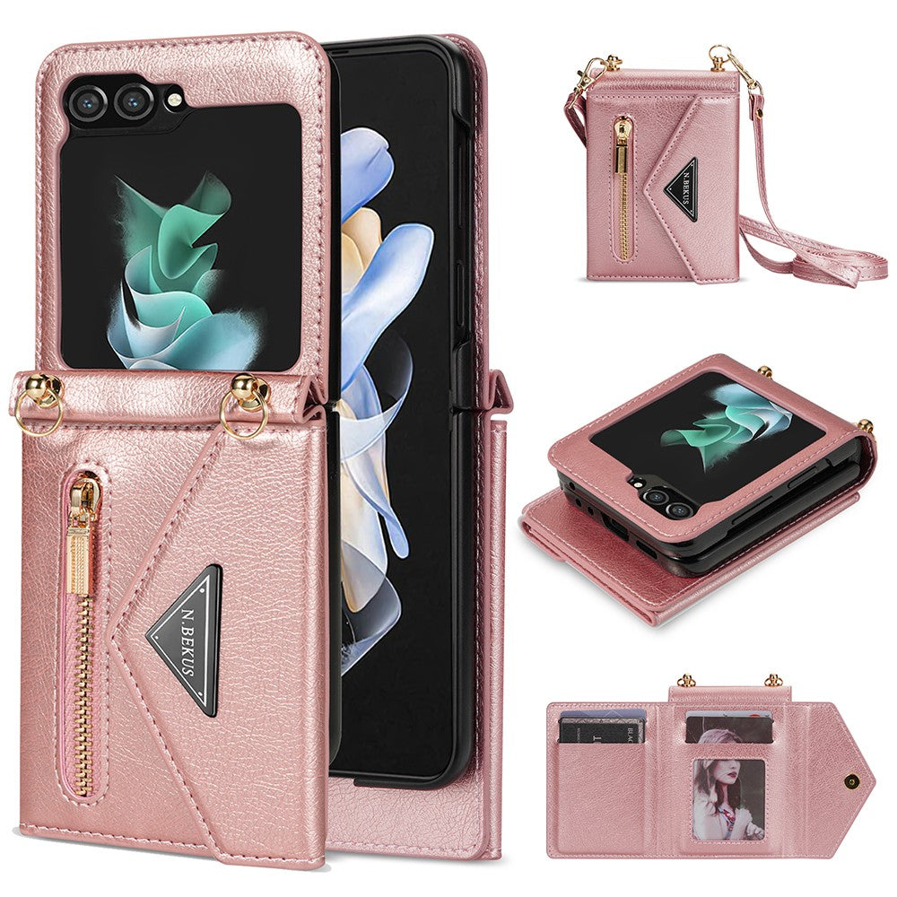 N.BEKUS For Samsung Galaxy Z Flip5 5G Phone Case PU Leather Coated PC Zipper Pocket Card Slots Cover with Shoulder Strap