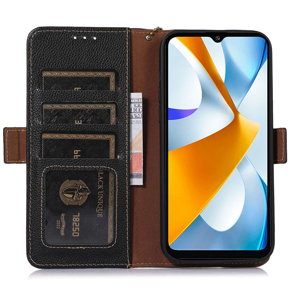 RFID Blocking Phone Case for Xiaomi Redmi 12 4G , Genuine Cow Leather Stand Wallet Anti-drop Cover