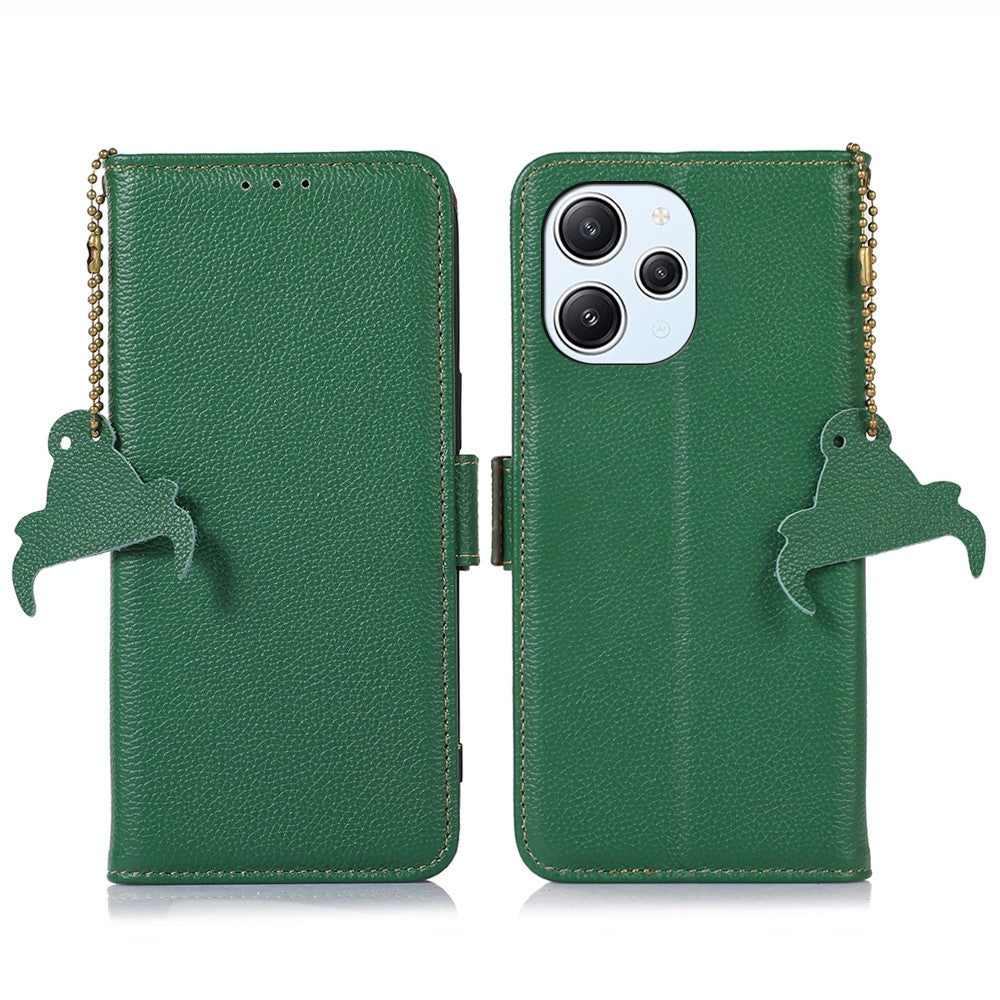 RFID Blocking Phone Case for Xiaomi Redmi 12 4G , Genuine Cow Leather Stand Wallet Anti-drop Cover