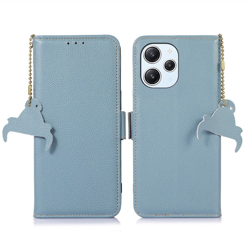 RFID Blocking Phone Case for Xiaomi Redmi 12 4G , Genuine Cow Leather Stand Wallet Anti-drop Cover