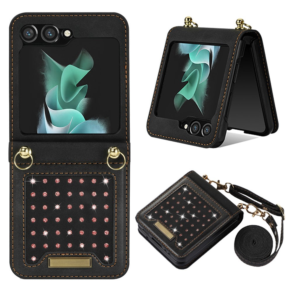 Samsung Galaxy Z Flip5 5G RFID-blockerande plånboksfodral PU-läderbelagt PC-strassdekorationsfodral med snodd