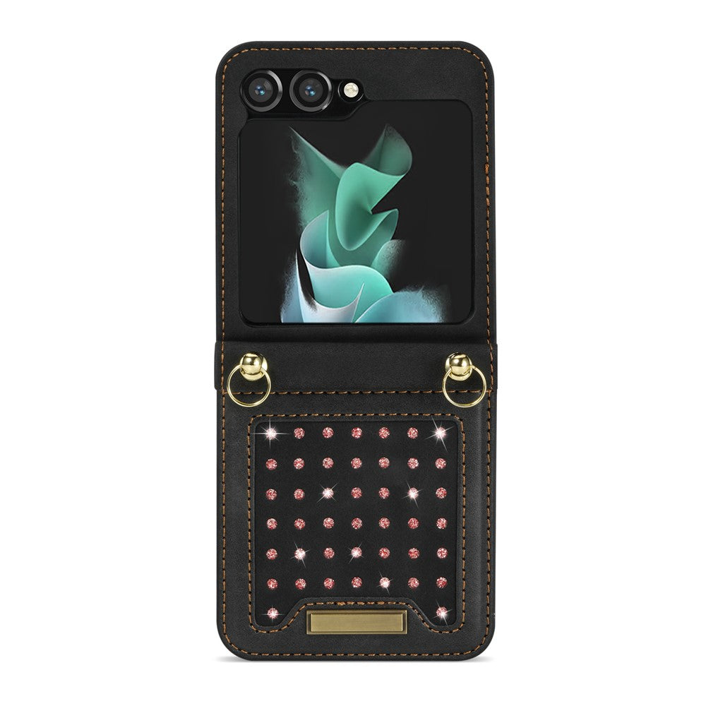 Samsung Galaxy Z Flip5 5G RFID-blockerande plånboksfodral PU-läderbelagt PC-strassdekorationsfodral med snodd