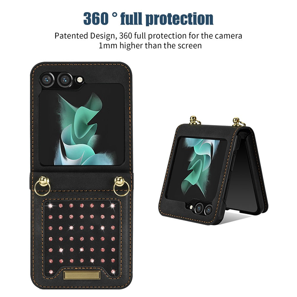 Samsung Galaxy Z Flip5 5G RFID-blockerande plånboksfodral PU-läderbelagt PC-strassdekorationsfodral med snodd