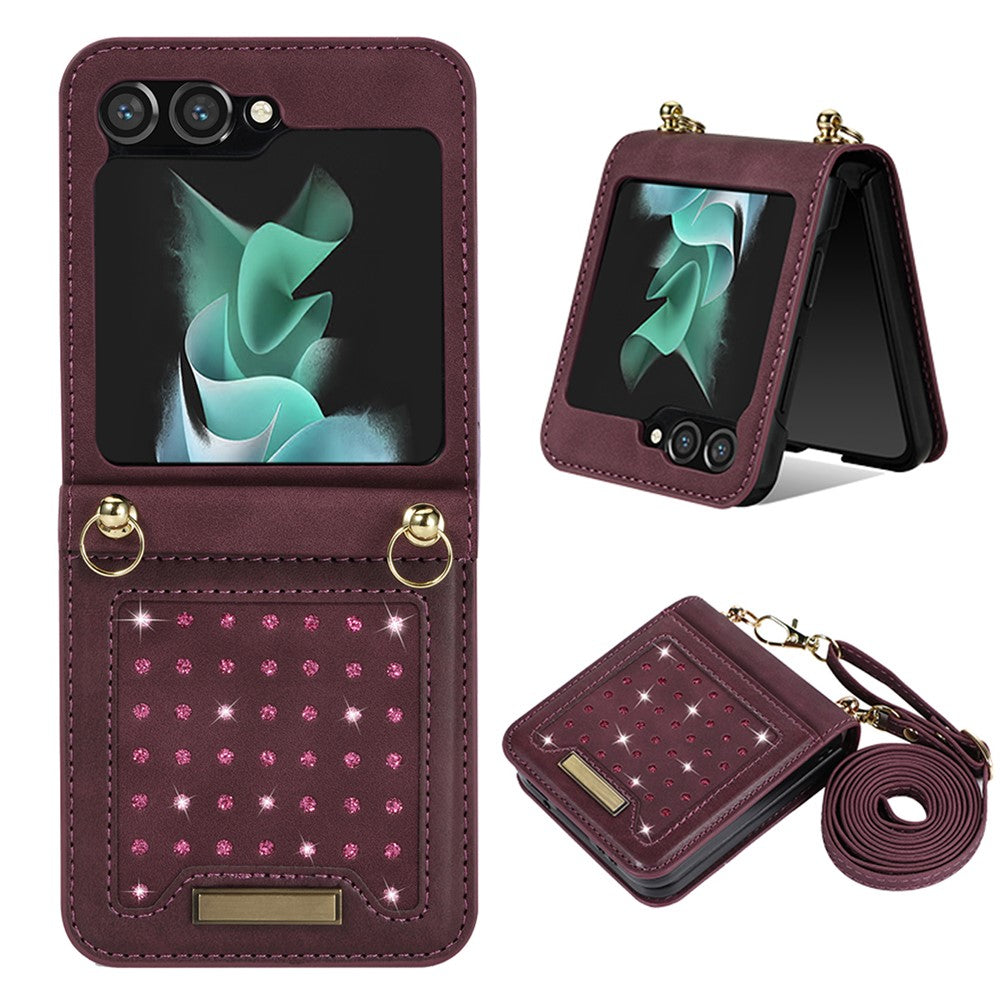 Samsung Galaxy Z Flip5 5G RFID-blockerande plånboksfodral PU-läderbelagt PC-strassdekorationsfodral med snodd