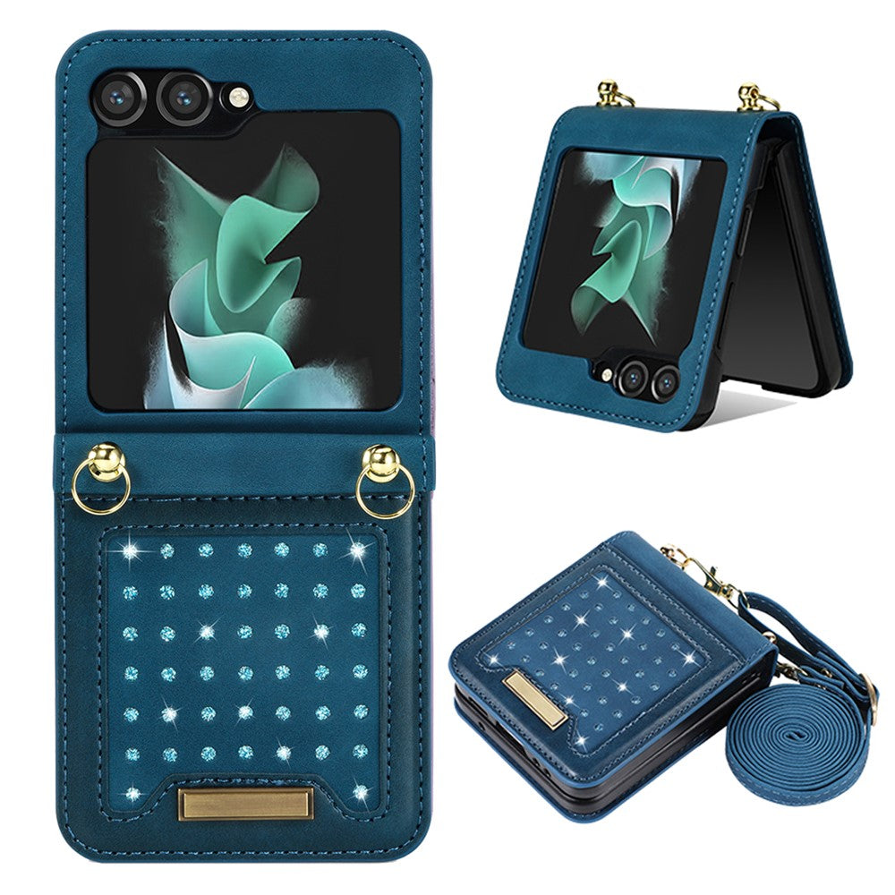 Samsung Galaxy Z Flip5 5G RFID-blockerande plånboksfodral PU-läderbelagt PC-strassdekorationsfodral med snodd