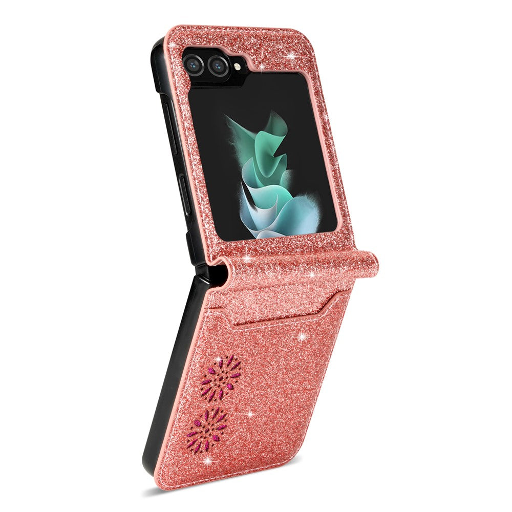 Samsung Galaxy Z Flip5 5G PU-läder + PC-kortplats-skal Laserskuret glittrigt stjärnigt mobilskal