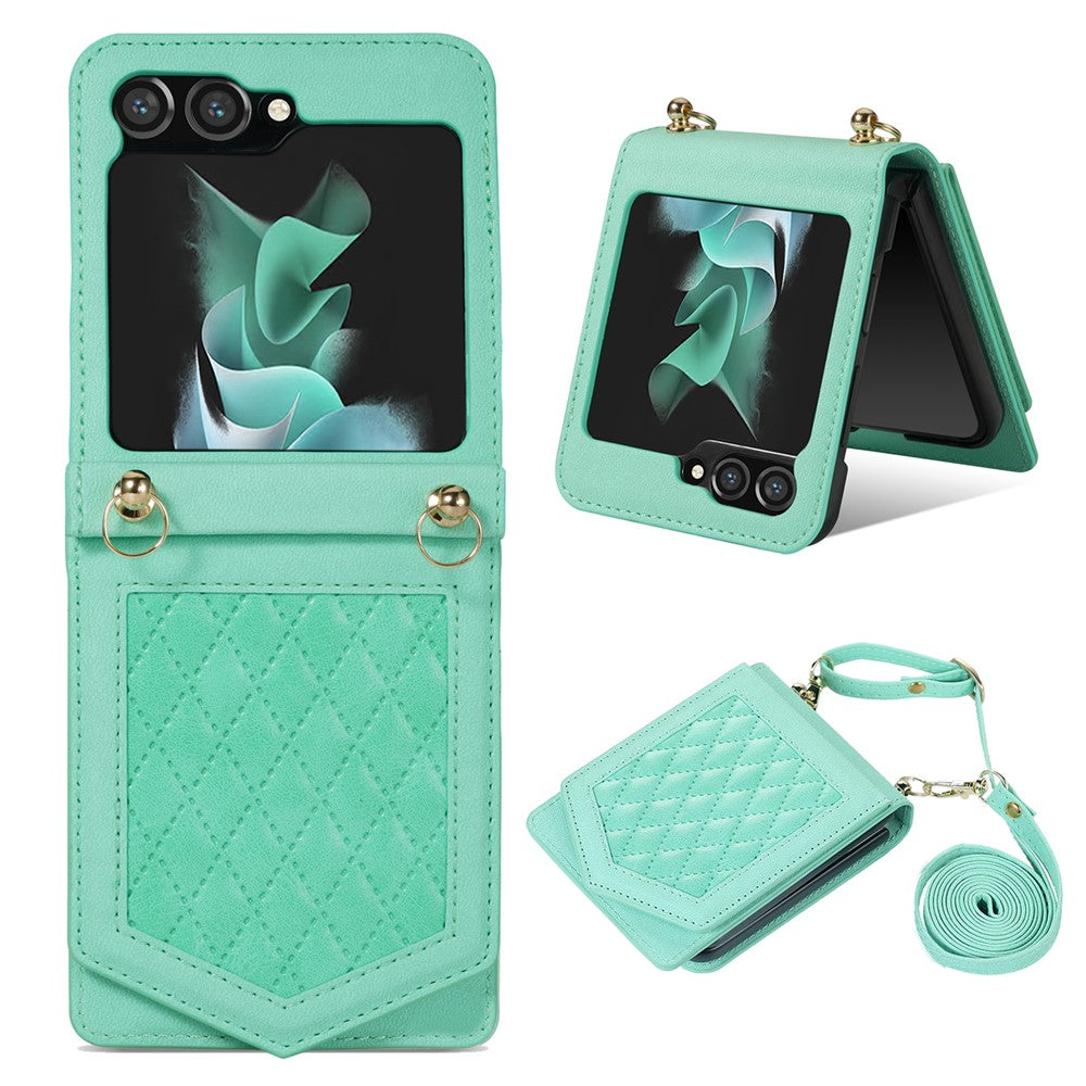 For Samsung Galaxy Z Flip5 5G RFID Blocking Phone Case PU Leather + PC Card Slot Cover with Makeup Mirror / Shoulder Strap