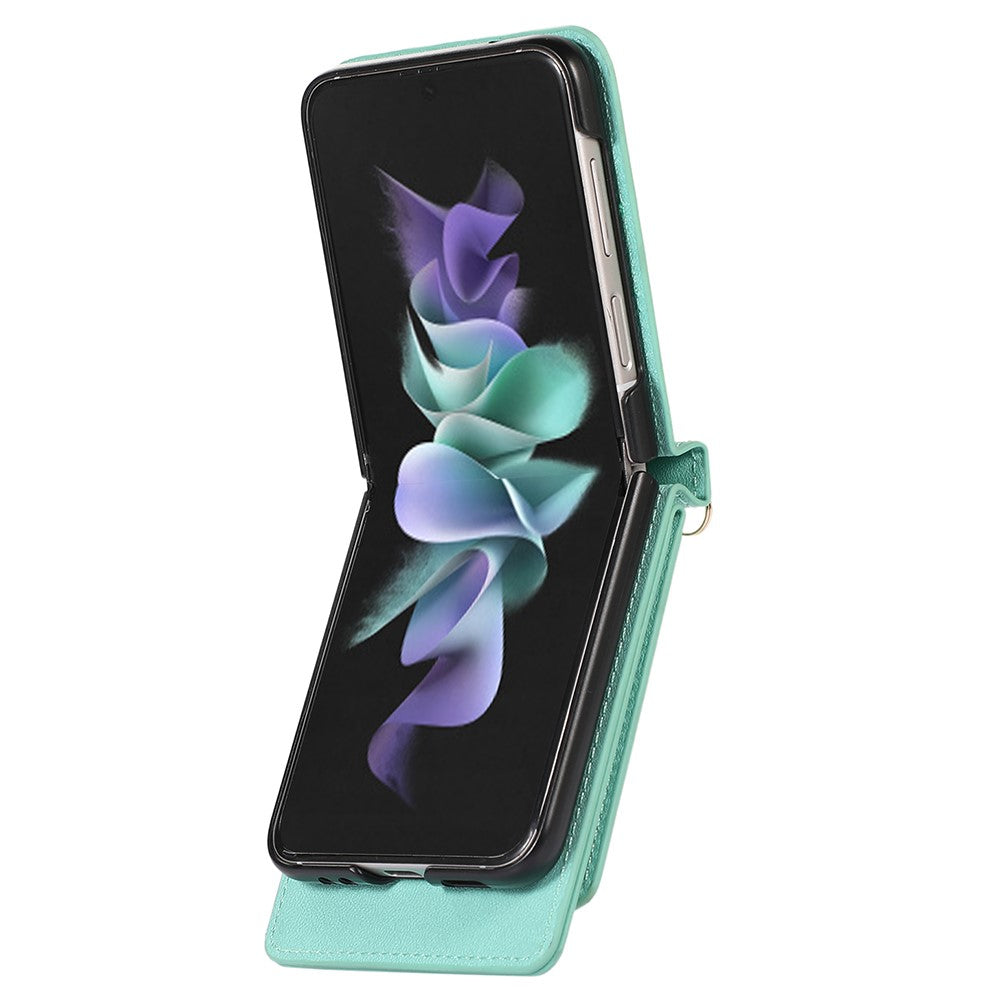 For Samsung Galaxy Z Flip5 5G RFID Blocking Phone Case PU Leather + PC Card Slot Cover with Makeup Mirror / Shoulder Strap