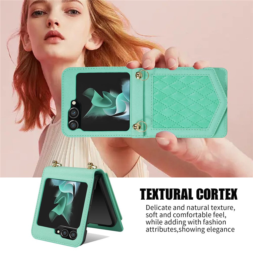 For Samsung Galaxy Z Flip5 5G RFID Blocking Phone Case PU Leather + PC Card Slot Cover with Makeup Mirror / Shoulder Strap