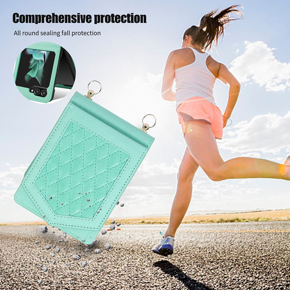 For Samsung Galaxy Z Flip5 5G RFID Blocking Phone Case PU Leather + PC Card Slot Cover with Makeup Mirror / Shoulder Strap