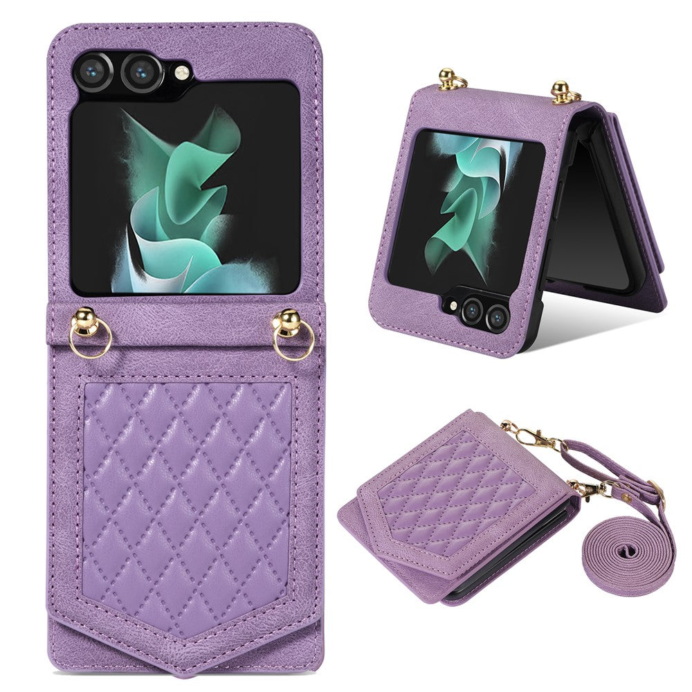 For Samsung Galaxy Z Flip5 5G RFID Blocking Phone Case PU Leather + PC Card Slot Cover with Makeup Mirror / Shoulder Strap