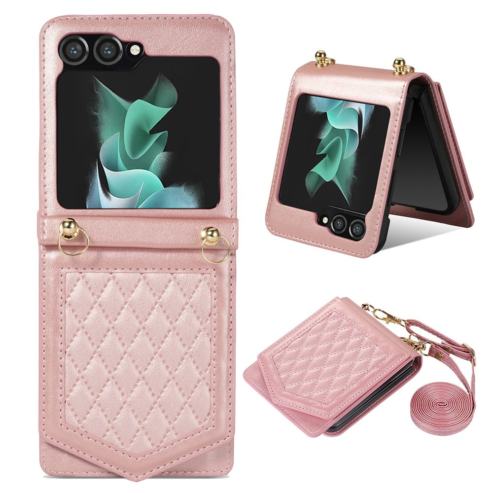 For Samsung Galaxy Z Flip5 5G RFID Blocking Phone Case PU Leather + PC Card Slot Cover with Makeup Mirror / Shoulder Strap