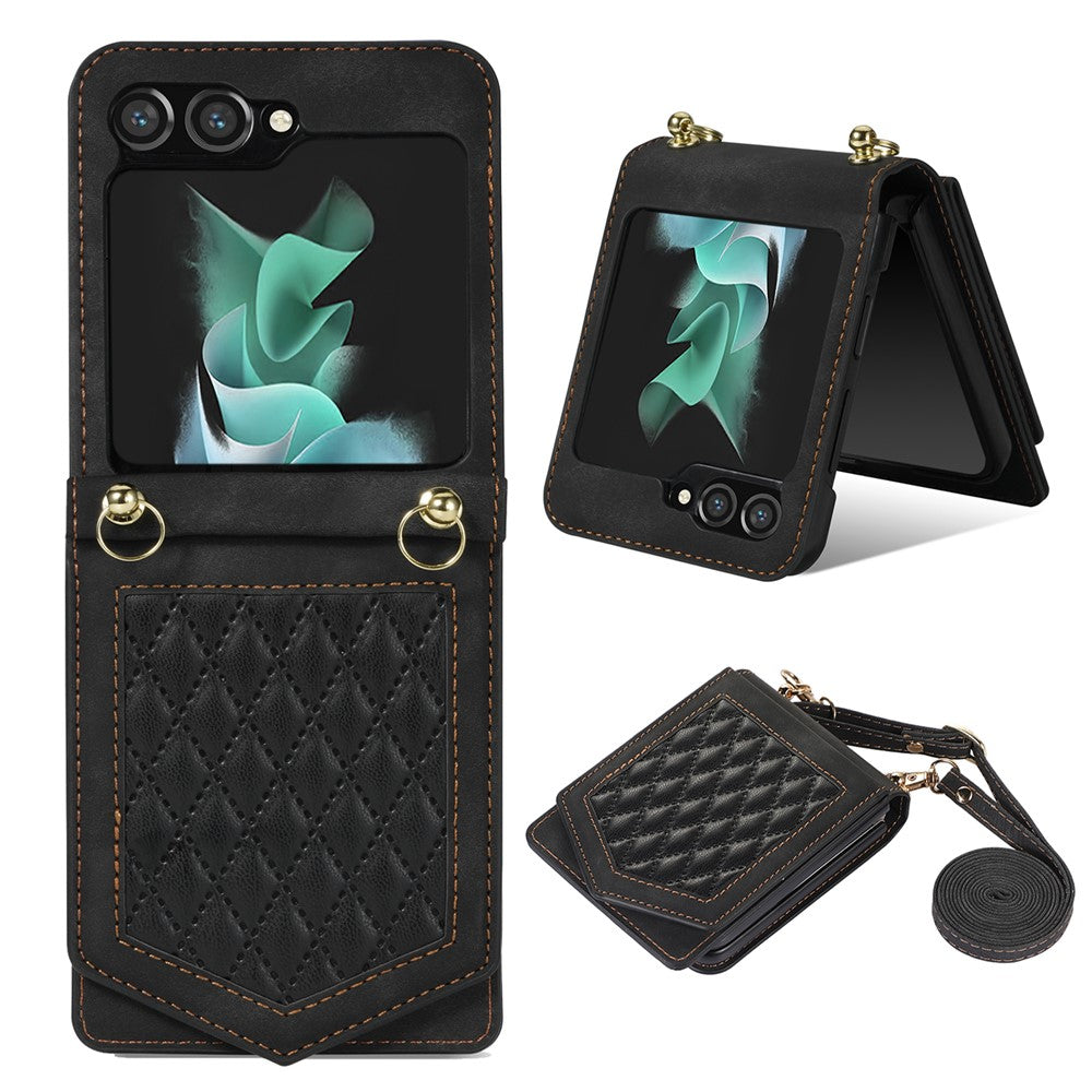For Samsung Galaxy Z Flip5 5G RFID Blocking Phone Case PU Leather + PC Card Slot Cover with Makeup Mirror / Shoulder Strap