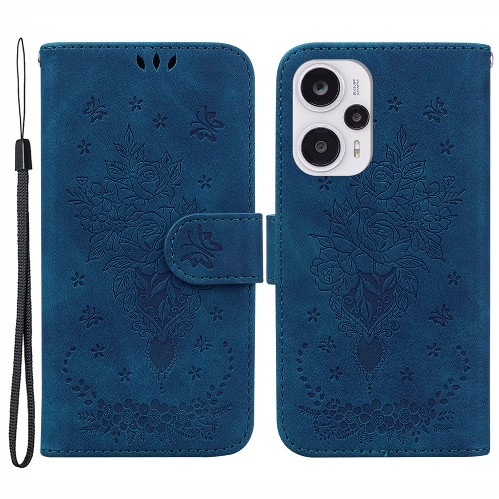 Wallet Case for Xiaomi Redmi Note 12 Turbo / Poco F5 5G , Stand Rose Butterfly Imprinted PU Leather Phone Cover