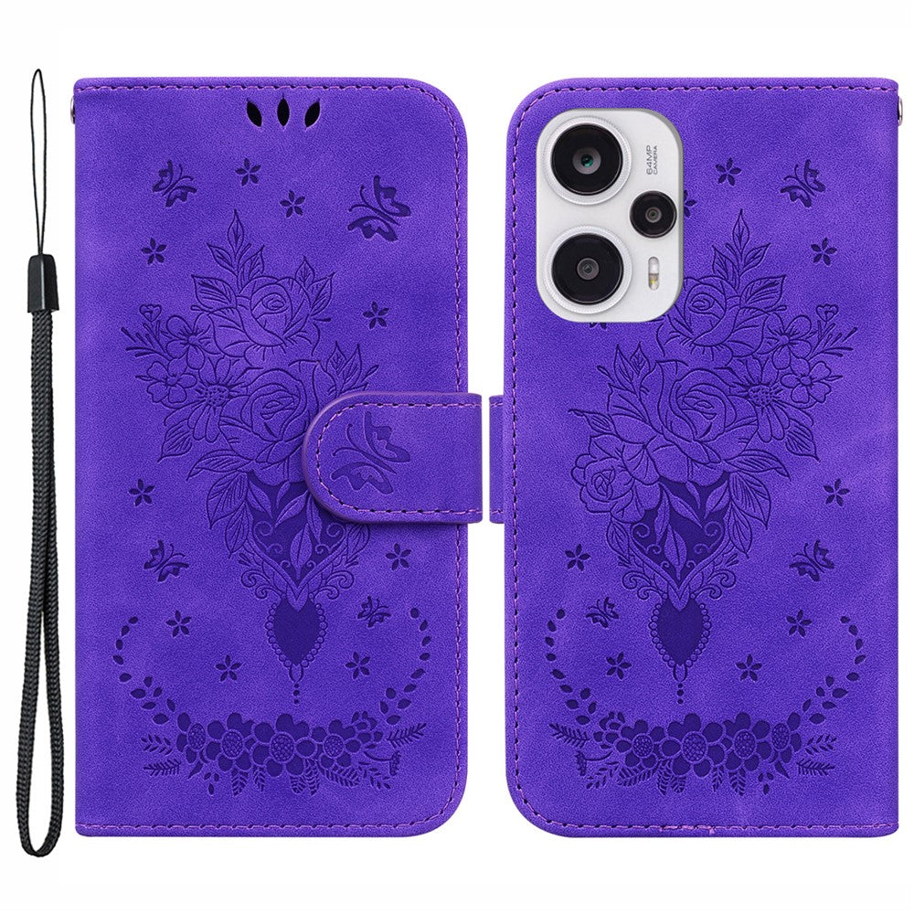 Wallet Case for Xiaomi Redmi Note 12 Turbo / Poco F5 5G , Stand Rose Butterfly Imprinted PU Leather Phone Cover