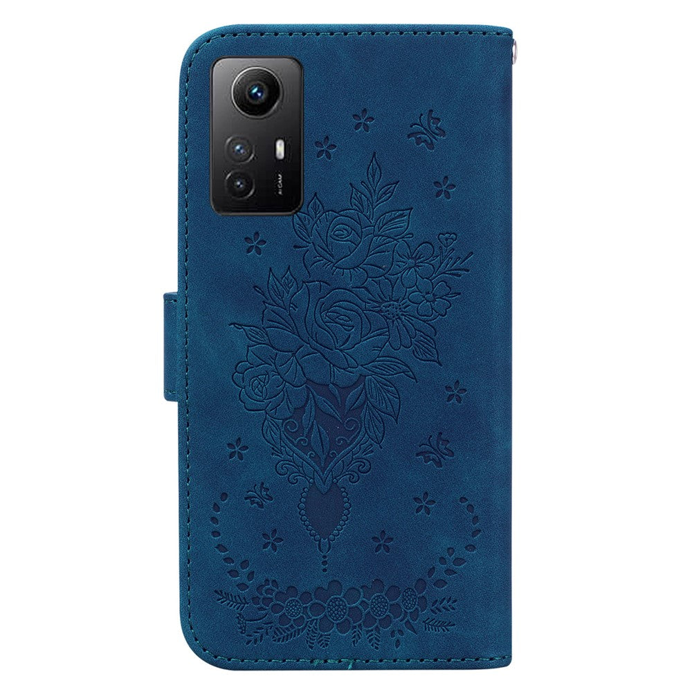 Läderfodral för Xiaomi Redmi Note 12S 4G, fodral med rosfärgad fjärilsprägling och stativ, plånbok