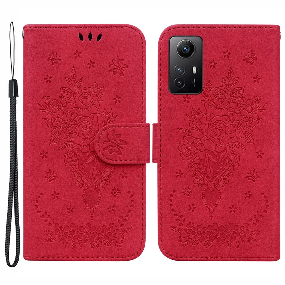 Leather Phone Cover for Xiaomi Redmi Note 12S 4G , Rose Butterfly Imprinted Case with Stand Wallet