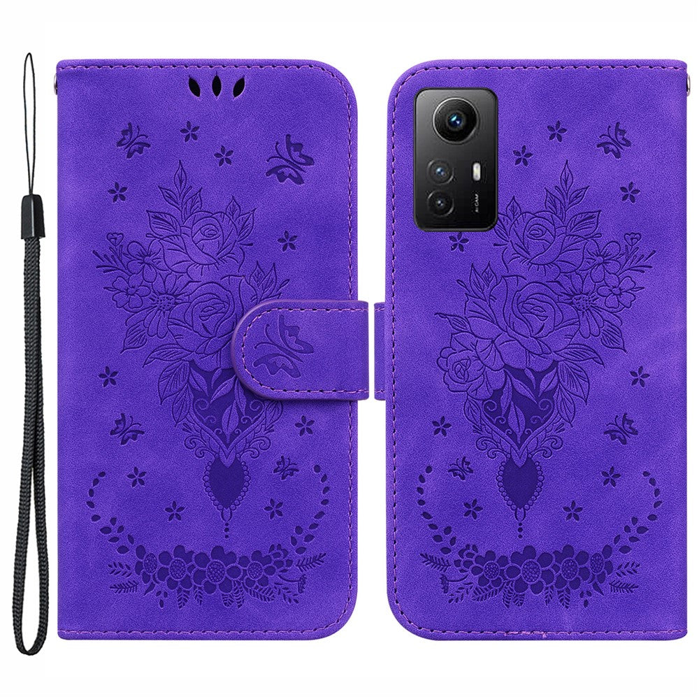 Läderfodral för Xiaomi Redmi Note 12S 4G, fodral med rosfärgad fjärilsprägling och stativ, plånbok