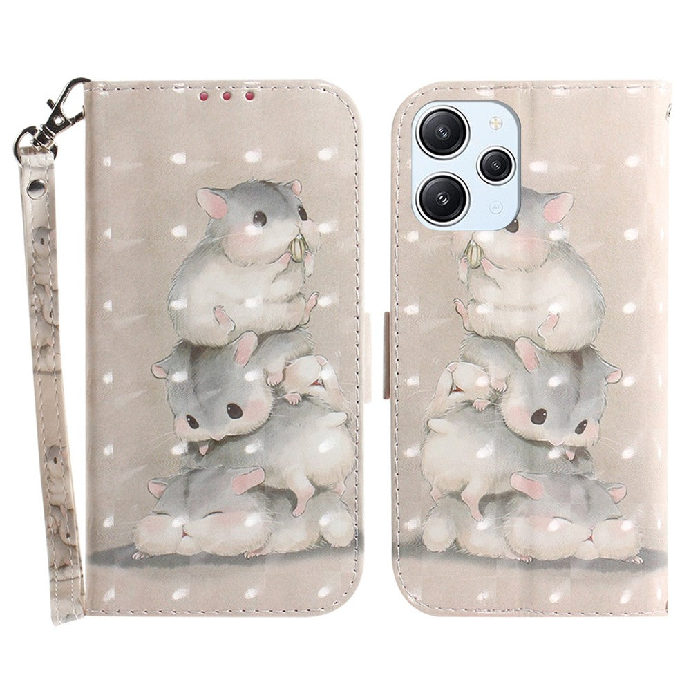 Plånboksfodral för Xiaomi Redmi 12 4G, 3D-mönstertryckt PU-läderfodral med rem