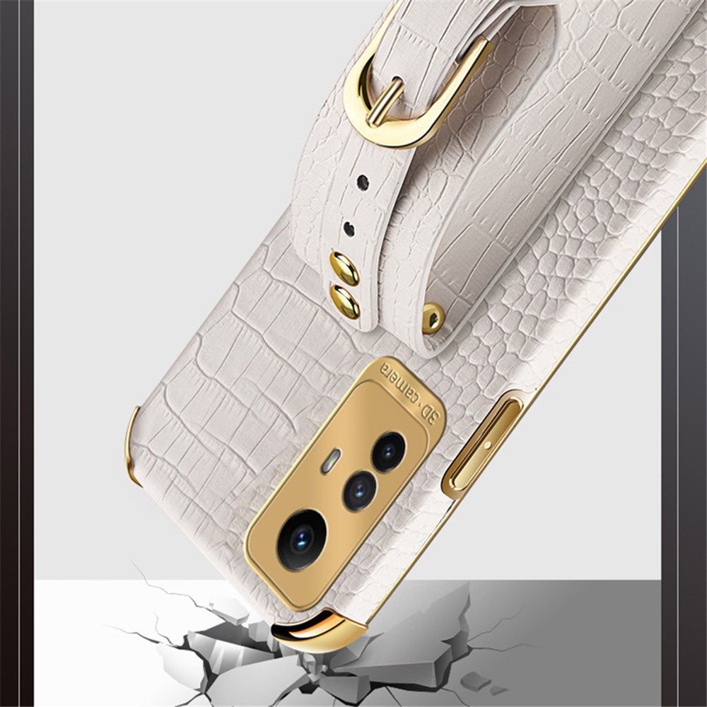 For Xiaomi Redmi Note 12S 4G PU Leather Coated TPU Case Electroplating Phone Cover with Wristband Kickstand