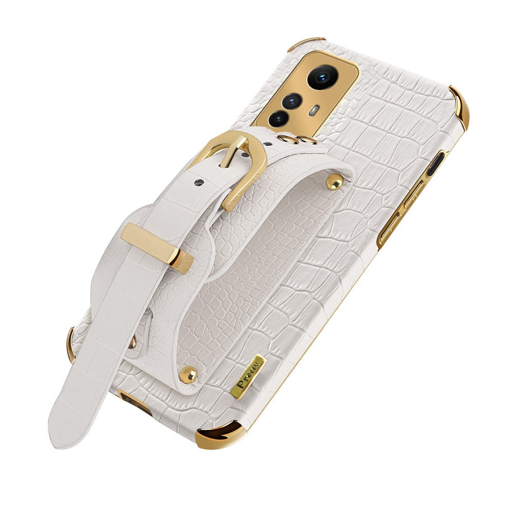 For Xiaomi Redmi Note 12S 4G PU Leather Coated TPU Case Electroplating Phone Cover with Wristband Kickstand