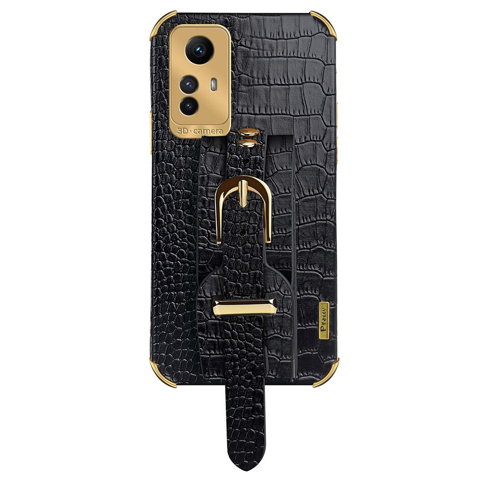 For Xiaomi Redmi Note 12S 4G PU Leather Coated TPU Case Electroplating Phone Cover with Wristband Kickstand