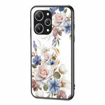 Flower Pattern Ring Kickstand Case for Xiaomi Redmi 12 4G Tempered Glass+PC+TPU Phone Cover