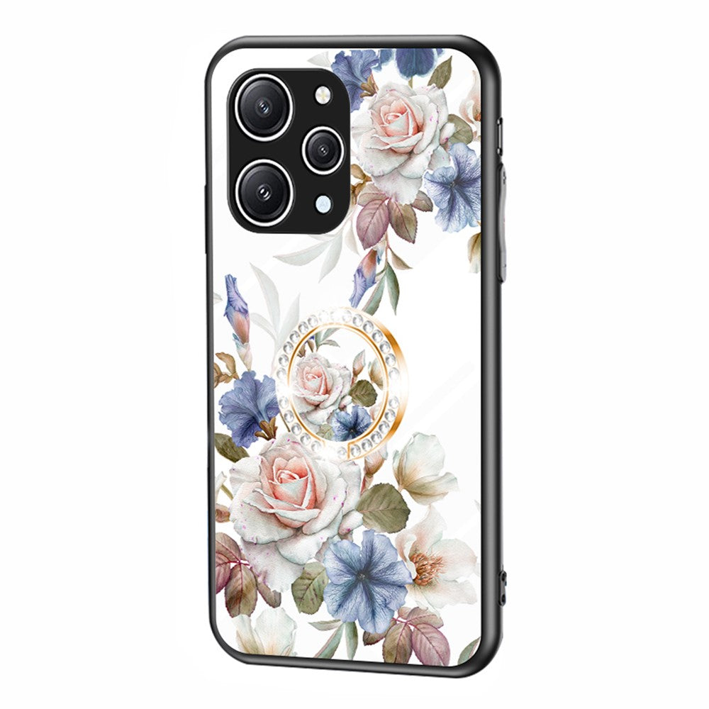Flower Pattern Ring Kickstand Case for Xiaomi Redmi 12 4G Tempered Glass+PC+TPU Phone Cover