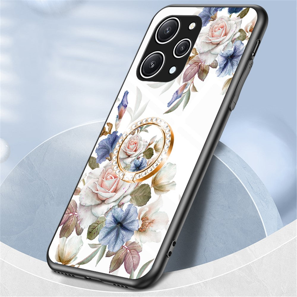 Flower Pattern Ring Kickstand Case for Xiaomi Redmi 12 4G Tempered Glass+PC+TPU Phone Cover