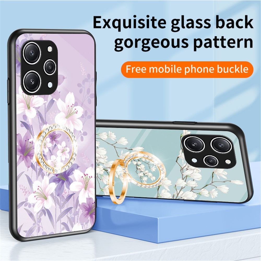 Flower Pattern Ring Kickstand Case for Xiaomi Redmi 12 4G Tempered Glass+PC+TPU Phone Cover