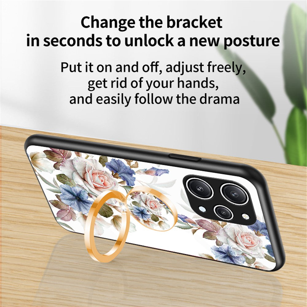 Flower Pattern Ring Kickstand Case for Xiaomi Redmi 12 4G Tempered Glass+PC+TPU Phone Cover