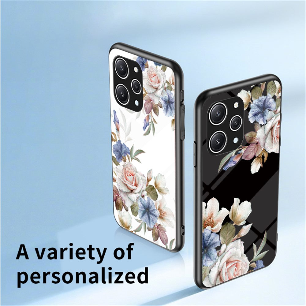 Flower Pattern Ring Kickstand Case for Xiaomi Redmi 12 4G Tempered Glass+PC+TPU Phone Cover