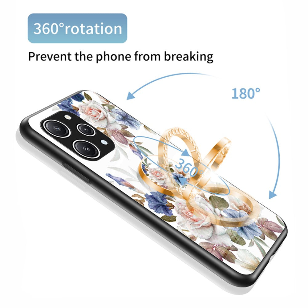 Flower Pattern Ring Kickstand Case for Xiaomi Redmi 12 4G Tempered Glass+PC+TPU Phone Cover