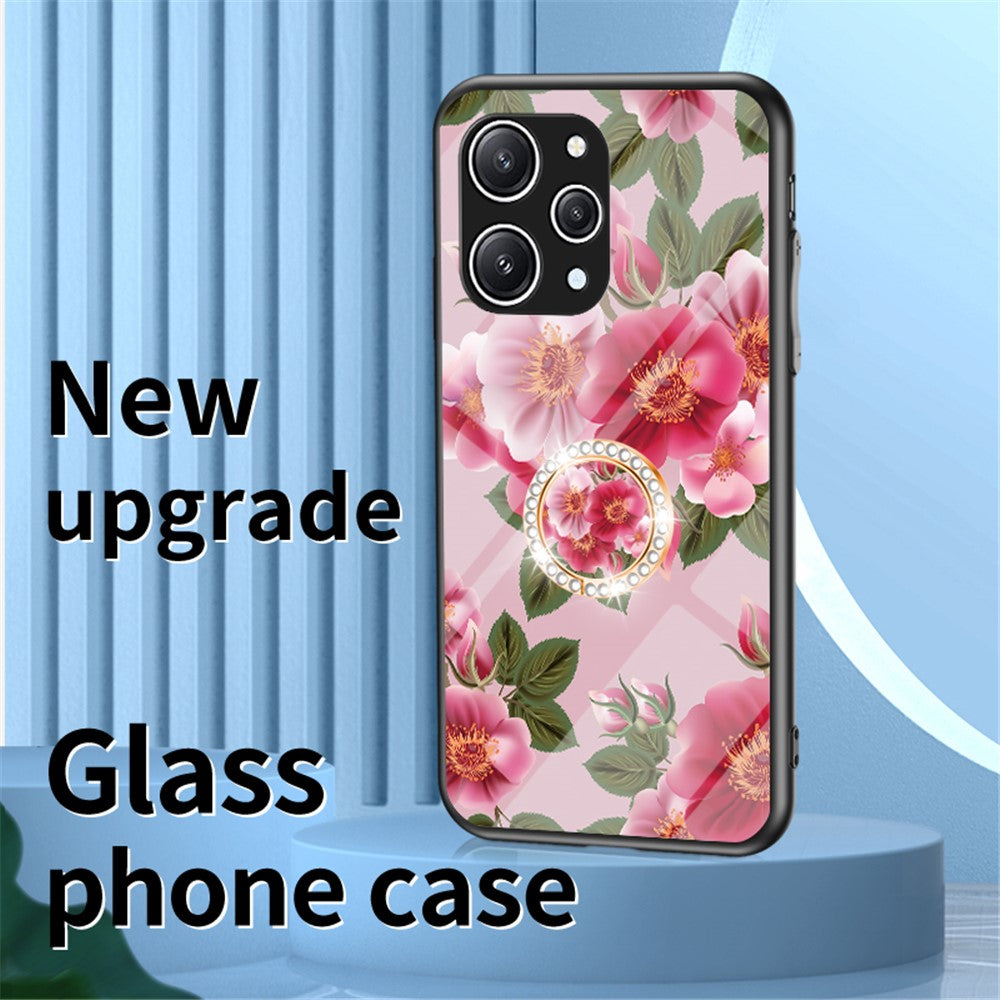 Flower Pattern Ring Kickstand Case for Xiaomi Redmi 12 4G Tempered Glass+PC+TPU Phone Cover