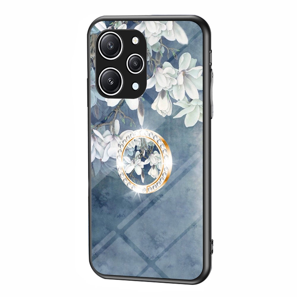 Flower Pattern Ring Kickstand Case for Xiaomi Redmi 12 4G Tempered Glass+PC+TPU Phone Cover