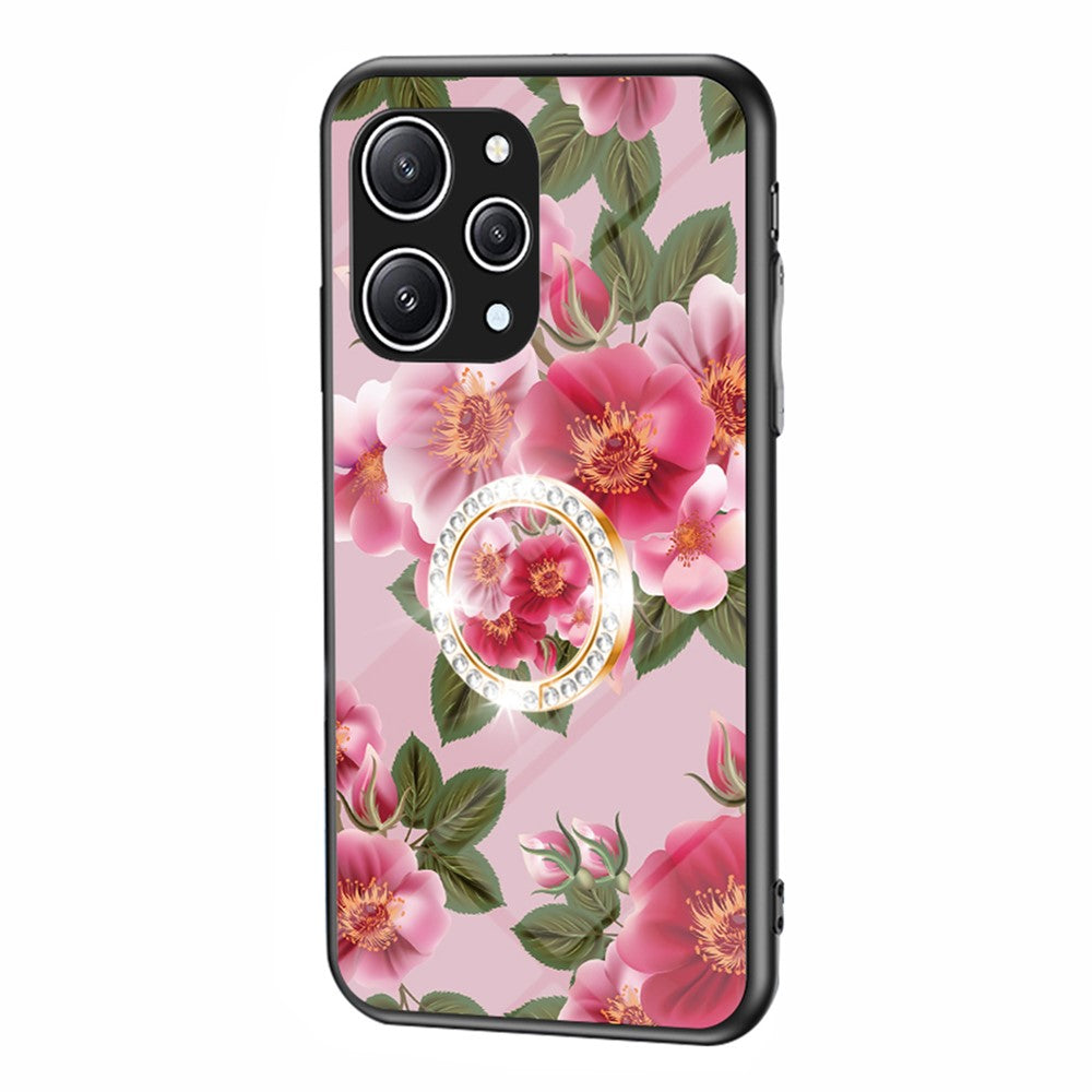 Flower Pattern Ring Kickstand Case for Xiaomi Redmi 12 4G Tempered Glass+PC+TPU Phone Cover