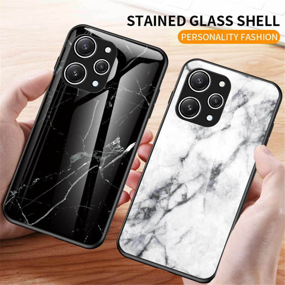 For Xiaomi Redmi 12 4G Shockproof Hybrid Case Tempered Glass+ PC+TPU Marble Pattern Phone Cover
