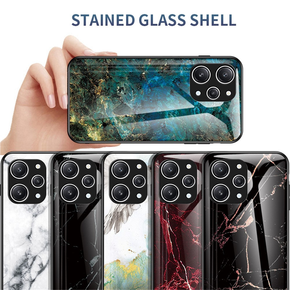 For Xiaomi Redmi 12 4G Shockproof Hybrid Case Tempered Glass+ PC+TPU Marble Pattern Phone Cover