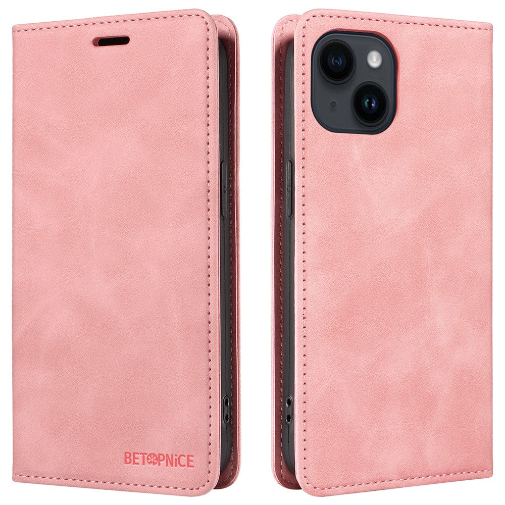 BETOPNICE 003 For iPhone 15 Fully Wrapped PU Leather Cover RFID Blocking Stand Wallet Phone Case